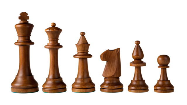 Wooden chess pieces king queen bishop knight pawn isolated on a transparent background