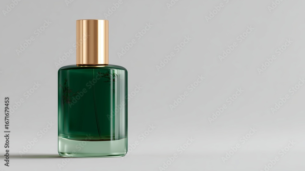 Poster elegant green fragrance bottle set against a minimalistic background emphasizing its design and colo