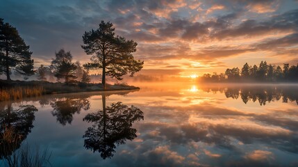 Obraz premium Tranquil waters reflecting trees beautifully at dawn 