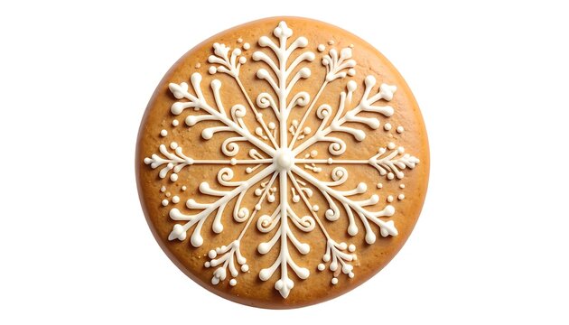 Round gingerbread cookie decorated with an ornate snowflake icing design
