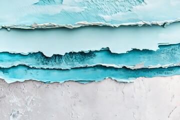Layered turquoise and light gray abstract design with textured, torn edges.