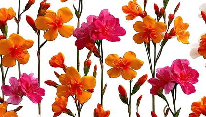 Obraz premium Vibrant floral pattern of orange and pink flowers. Stems and buds in various stages. Isolated on white