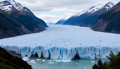 A stunning glacier cascades into a turquoise lake, surrounded by steep mountains and snow-capped peaks.