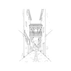 Minimalist line drawing of a narrow old town alley with a traditional balcony. Hand-drawn ink sketch of a European street scene.
