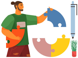Person holds large puzzle pieces, combining them into a circle. Includes pen and a plant. Ideal for teamwork, problem-solving, creativity, collaboration, strategy, productivity simple flat metaphor