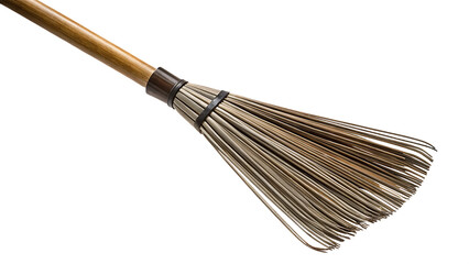 Wooden handled broom with natural bristles isolated on a transparent background sweeping