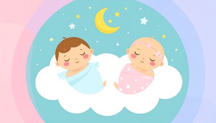 Two infants, a boy and a girl, sleep soundly on a fluffy cloud under a crescent moon and stars