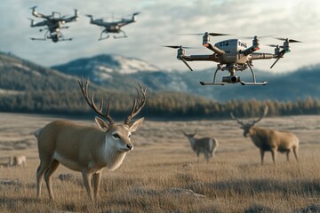 Drones survey wildlife in a serene landscape during early morning hours