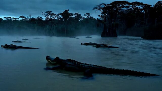 A large group of alligators emerging from a foggy swamp, lurking under a stormy sky. A congregation of wild crocodiles watching from murky water. Predator, nature, scary, wildlife, dangerous. Darkness