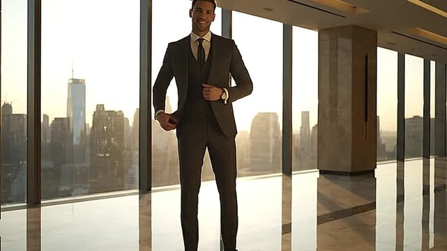 A man in a suit stands smiling in a highrise office with cityscape views