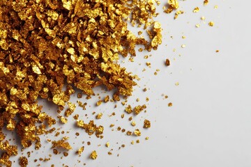Golden flakes, unevenly sized, cascade onto a bright white surface, creating a textured, shimmering abstract