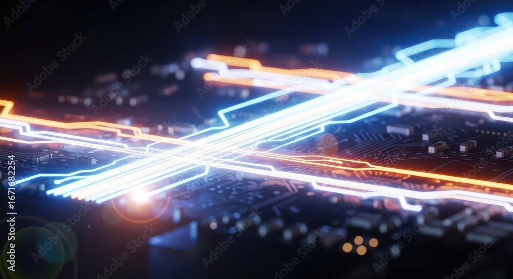 Aufkleber futuristic digital processor motherboard displaying neon circuit connections with data flow