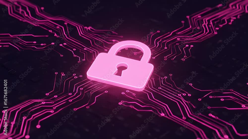Poster pink padlock on a circuit pattern backdrop, ideal for tech security concepts, data protection, encry