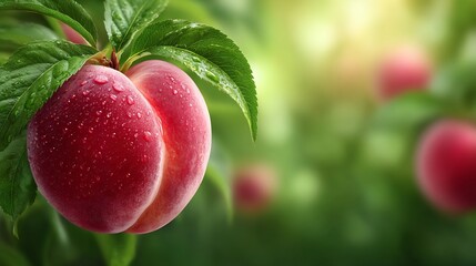 Obraz premium Juicy Peach on the Branch, Summer Fruit