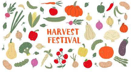 Harvest Festival Banner with vegetables. Autumn harvest and thanksgiving celebration concept.