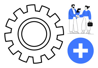 Large gear symbolizing innovation, two professionals shaking hands for partnership, and add symbol for growth enhancement. Ideal for teamwork, business solutions, cooperation, strategy, productivity