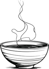 Minimal soup bowl line art vector, abstract doodle style with steam lines, simple black and white food sketch illustration 1