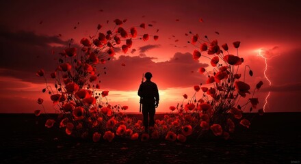 Fototapeta premium Silhouette of a soldier stands amidst blooming poppies under a stormy sky at dusk