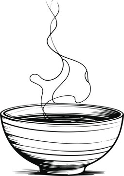 Naklejki Minimal soup bowl line art vector, abstract doodle style with steam lines, simple black and white food sketch illustration 1