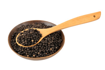 Wooden spoon with peppercorns in bowl isolated on a transparent background black peppercorns