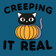 Adorable black cat peeking out of a pumpkin with creeping it real halloween text