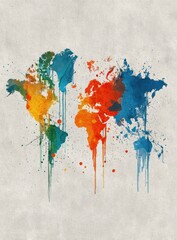 Fototapeta premium Abstract world map, painted with dripping, splatter and splashes of color on textured paper