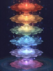 Seven colored chakra wheels as stacked lotus flowers with ethereal light connecting them, spiritual infographic style