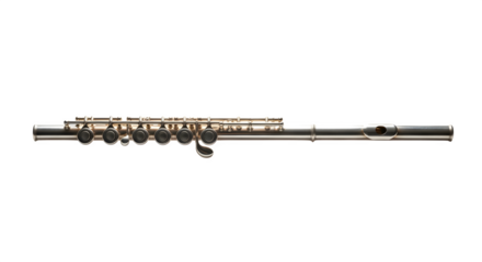 A silver piccolo isolated on transparent background, a woodwind instrument used in orchestras and bands, known for its highpitched and bright sound