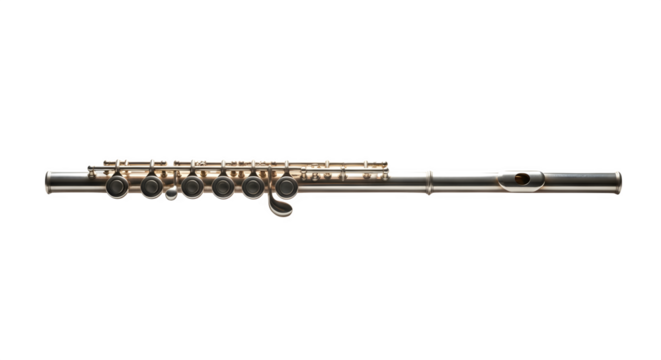 A silver piccolo isolated on transparent background, a woodwind instrument used in orchestras and bands, known for its highpitched and bright sound