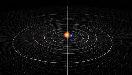 Solar System Diagram of planets orbiting a sun, depicted with concentric orbits on a dark gridded background