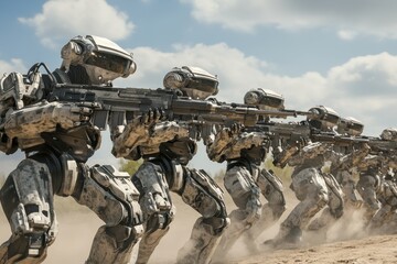 Military robots march in formation during a drill in a desert environment