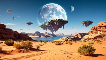 Surreal desert landscape with floating islands covered in greenery, set against a massive moon in a clear blue sky