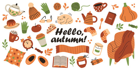 Autumn cozy set of elements. Warm fall collection with tea, coffee, blanket and cat and soft armchair. Vector flat cartoon illustration