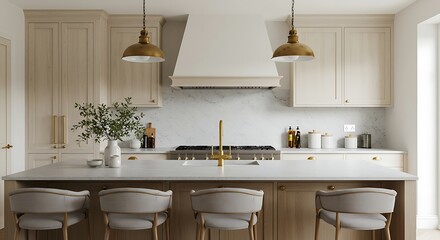 Elegant kitchen interior showcasing custom cabinetry and marble countertops in a modern home, radiating warmth and sophistication.