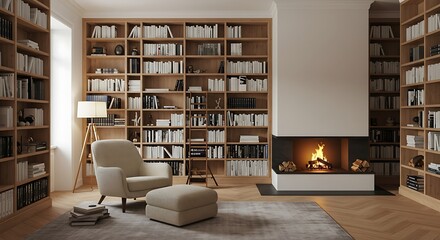Cozy armchair sits in front of a fireplace and large bookshelf in a modern living room, creating a warm and inviting atmosphere.