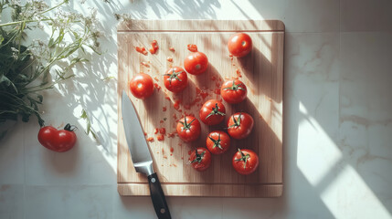A minimalist kitchen flat lay with a cutting board, knife, and freshly chopped tomatoes, framed by natural light 