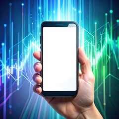 Hand holding smartphone with blank screen, abstract digital background