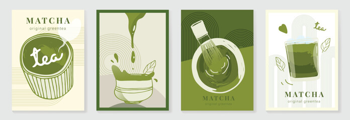 Matcha Green tea drinks background template design set. Poster of beverage, matcha latte art, green tea iced, tea ceremony. Vector illustration for logo, promotion, marketing, menu, ads.