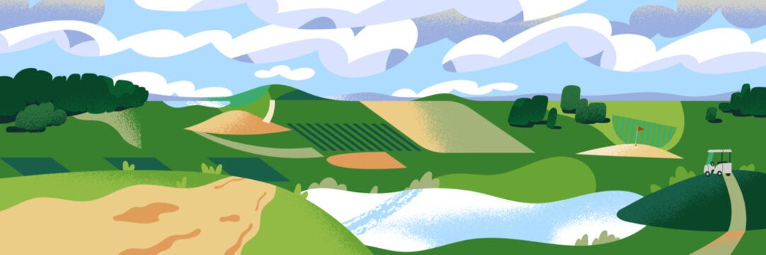 Golf course landscape. Field with green grass, lake, sand, holes and flags. Scenery of park with lawn to play sports game. Panorama with meadows, hills, sky and cart. Flat vector illustration - Powered by Adobe
