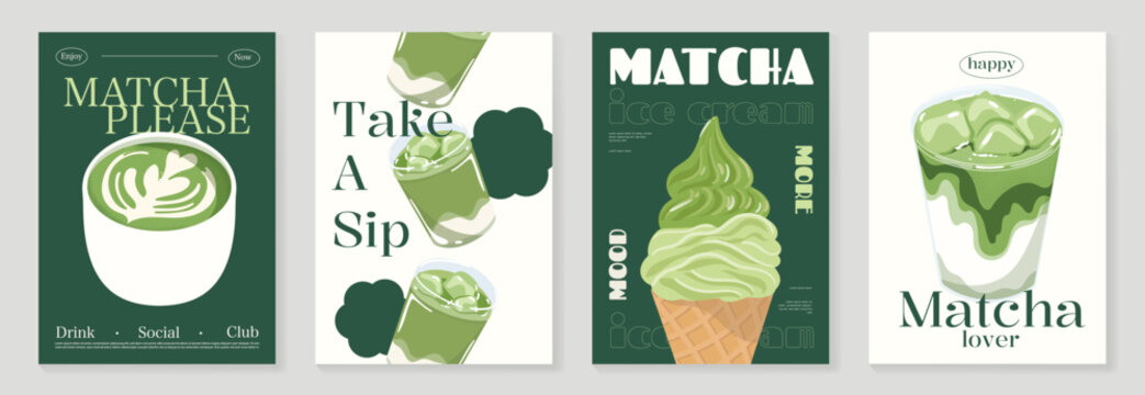Matcha Green tea drinks background template design set. Poster of beverage, matcha latte art, green tea iced, ice cream. Vector illustration for logo, promotion, marketing, menu, ads.