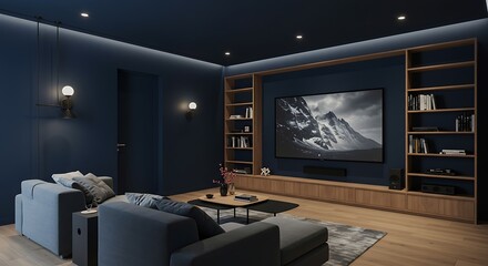 Modern living room showcases a large television and comfortable seating in a stylish, contemporary interior with elegant lighting and dark blue walls, creating a cozy atmosphere.