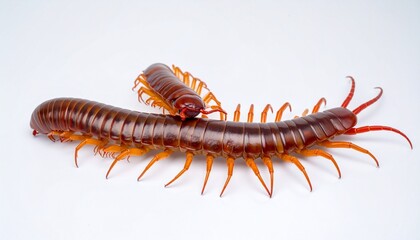 Obraz premium Detailed image of a reddish-brown centipede with segmented body and numerous legs, curved in an S-shape on a white background