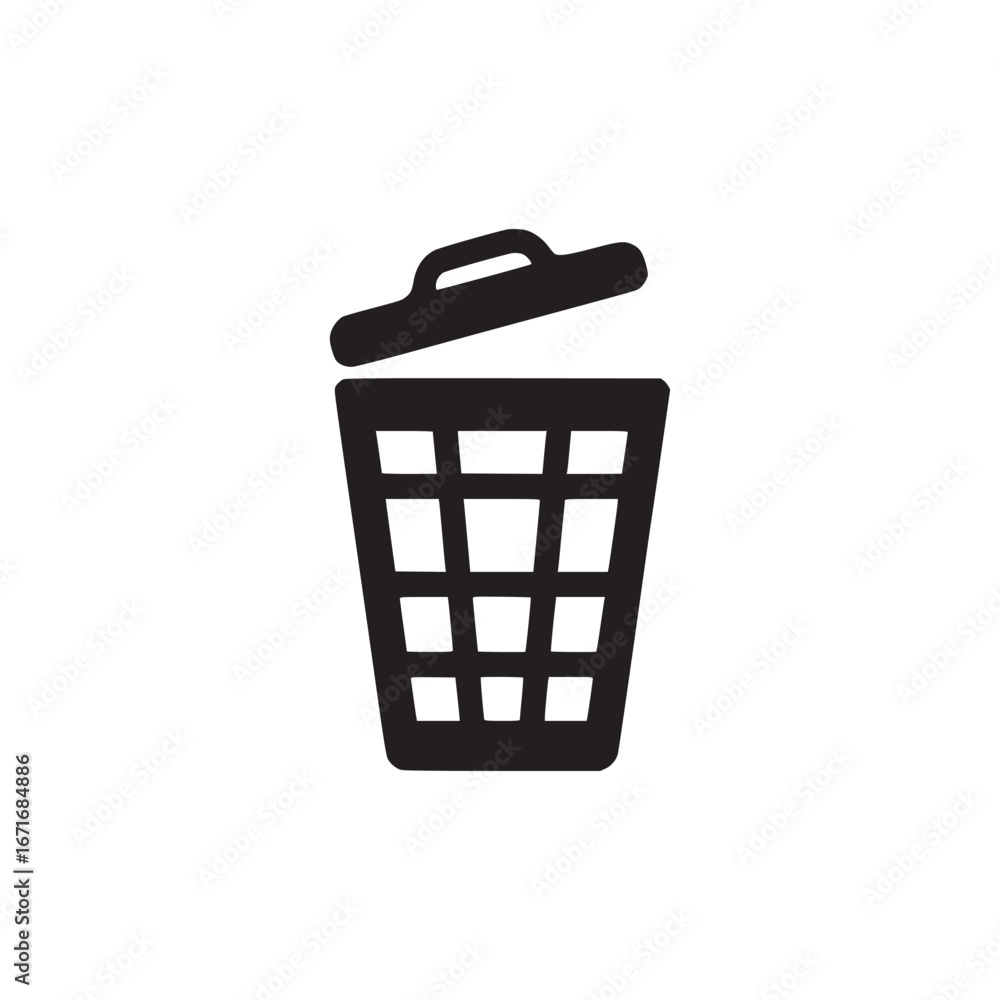 Poster a black and white graphic illustration of an open trash can with a grid pattern and a lid on top