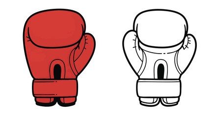 Vector illustration of a red boxing glove alongside a black and white outline version, isolated for sports competition and combat design