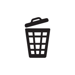 A black and white graphic illustration of an open trash can with a grid pattern and a lid on top