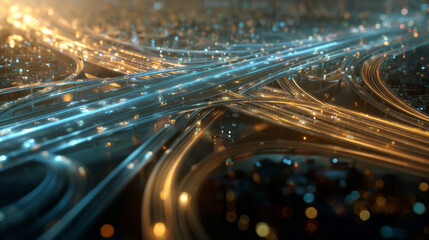 Futuristic highway interchange glowing with blue and orange lights in a sprawling cityscape at night. Dynamic traffic flow with vibrant motion blur and abstract urban detail. ai generative