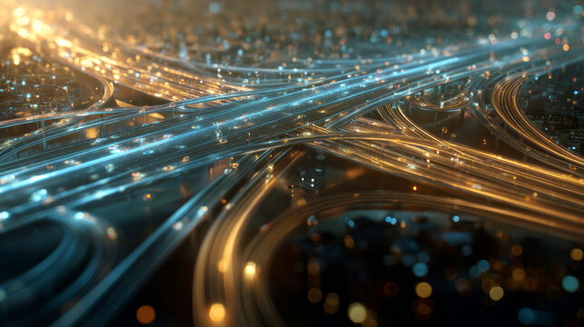 Futuristic highway interchange glowing with blue and orange lights in a sprawling cityscape at night. Dynamic traffic flow with vibrant motion blur and abstract urban detail. ai generative
