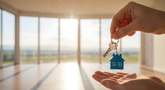 Key handover with modern interior background.