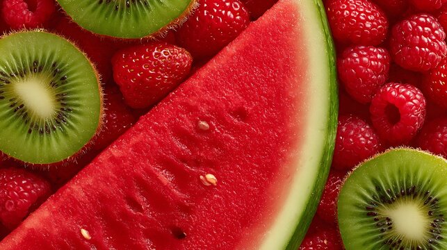 Summer Fruits: Watermelon, Kiwi, and Raspberries - Powered by Adobe