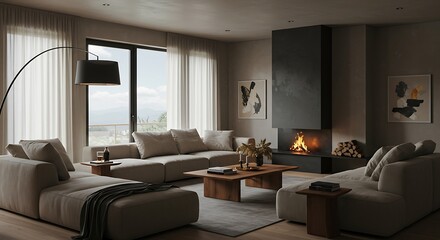 Modern living room features a large sectional sofa and fireplace in a minimalist home interior, creating a cozy and inviting atmosphere.
